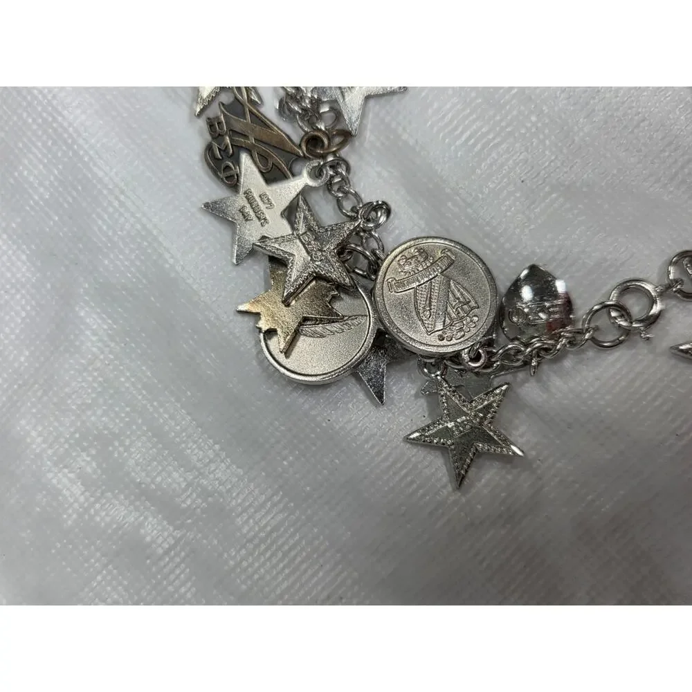 Vintage Beta Sigma Phi Sorority Charm Bracelet Silver Tone Enamel Stars Rose